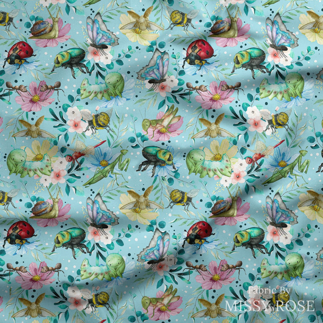 Design 21 Blue Insects Fabric draped fabric mockup – custom printed fabric by the metre | Fabric by Missy Rose