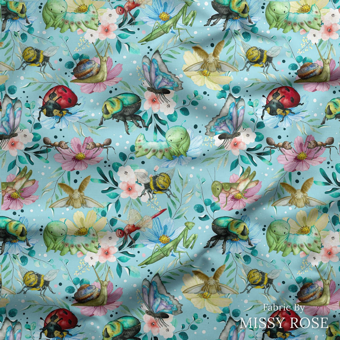 Design 21 Blue Insects Fabric draped fabric mockup – custom printed fabric by the metre | Fabric by Missy Rose