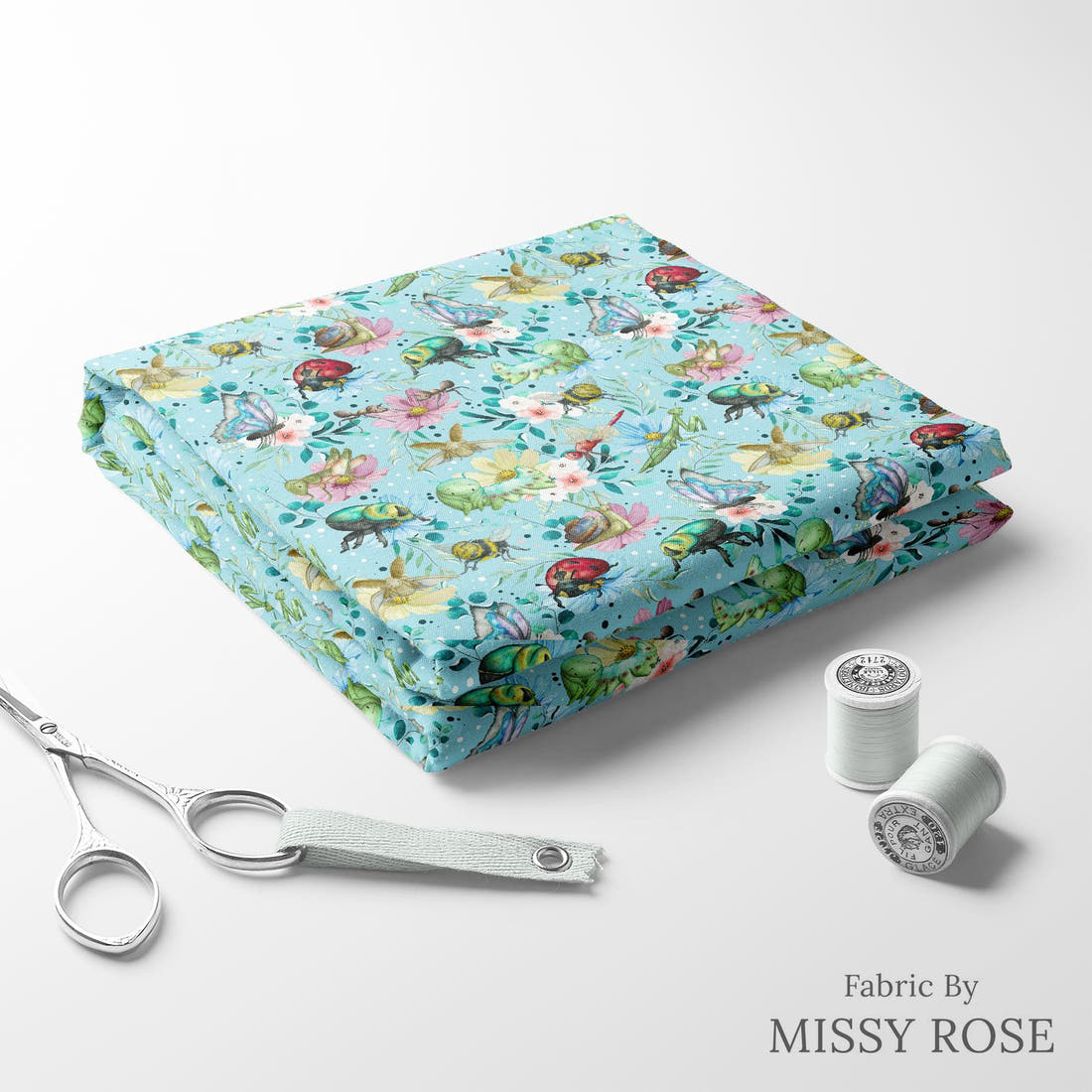 Design 21 Blue Insects Fabric folded fabric stack with matching thread – pre-order fabric Australia | Fabric by Missy Rose