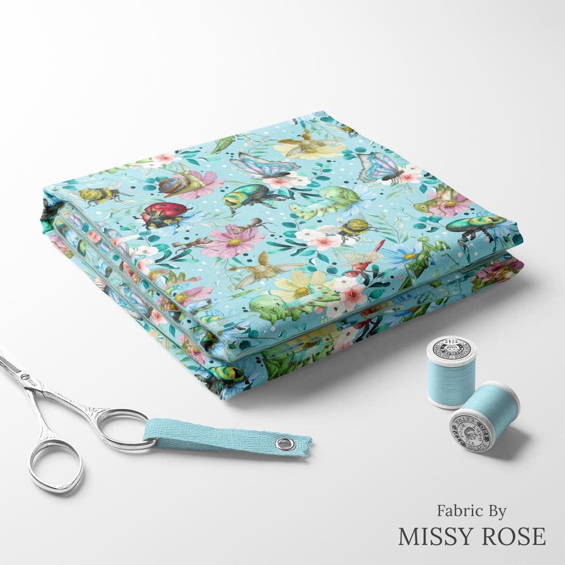 Design 21 Blue Insects Fabric folded fabric stack with matching thread – pre-order fabric Australia | Fabric by Missy Rose