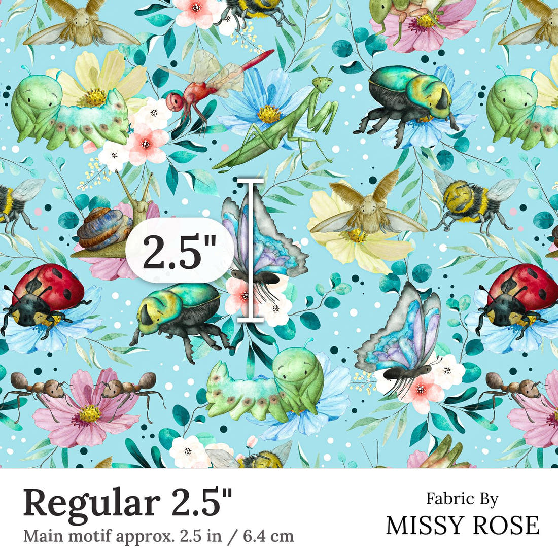 Design 21 Blue Insects Fabric Regular 2.5 inch print scale guide | Fabric by Missy Rose
