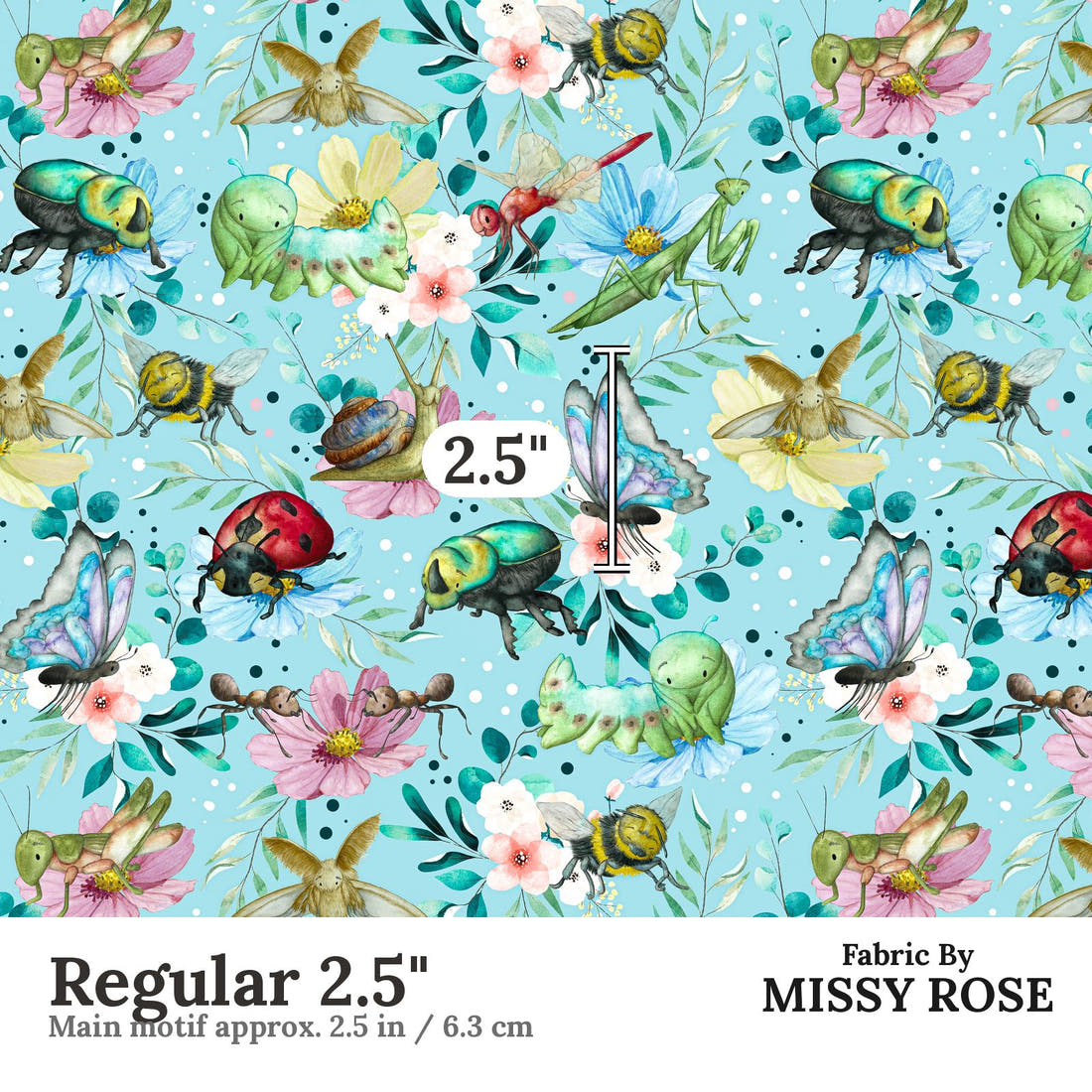 Design 21 Blue Insects Fabric Regular 2.5" - print scale | Fabric by Missy Rose
