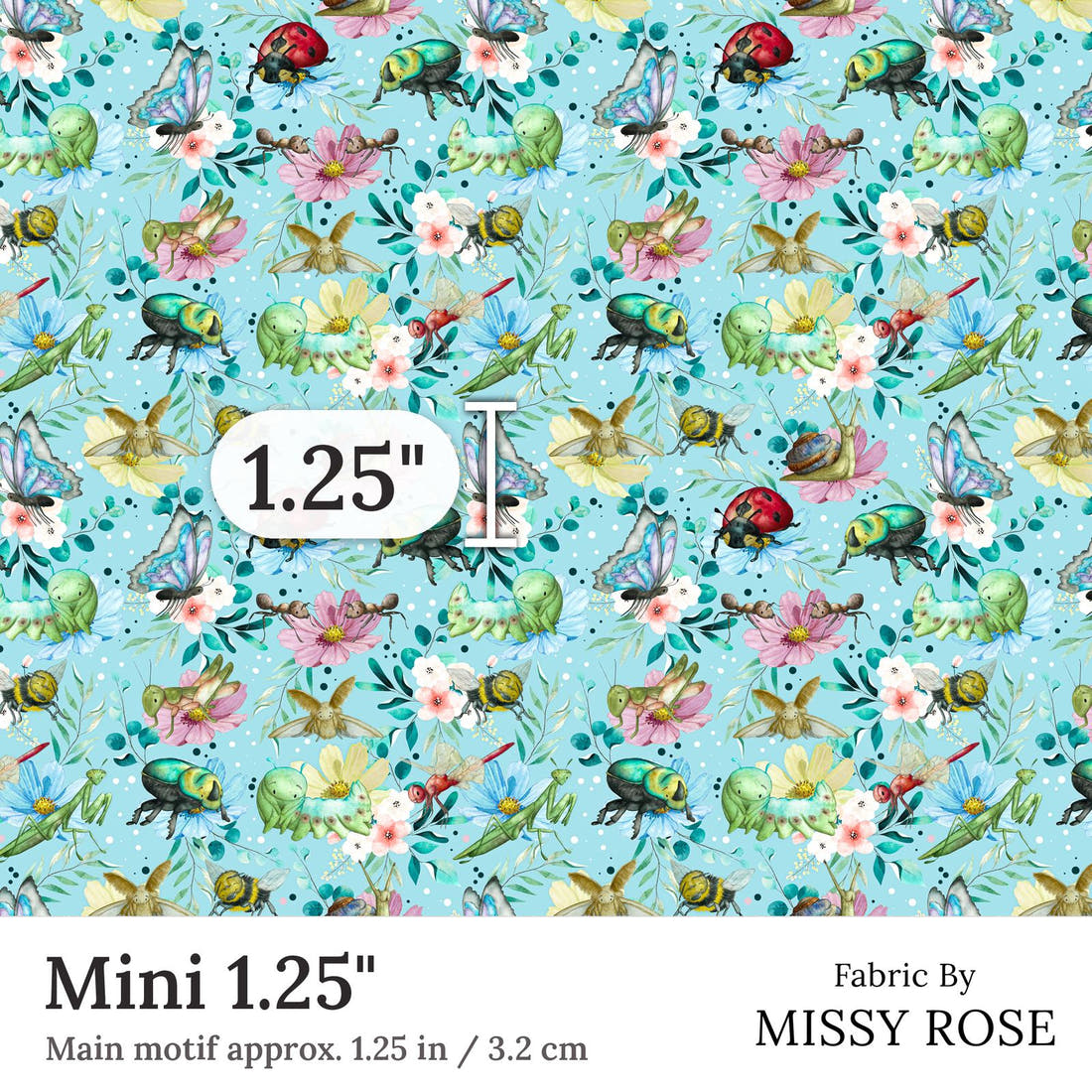 Design 21 Blue Insects Fabric Mini 1.25 inch print scale guide | Fabric by Missy Rose