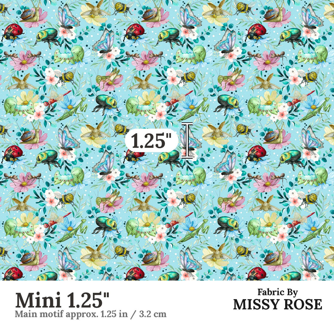 Design 21 Blue Insects Fabric Mini 1.25" - print scale | Fabric by Missy Rose
