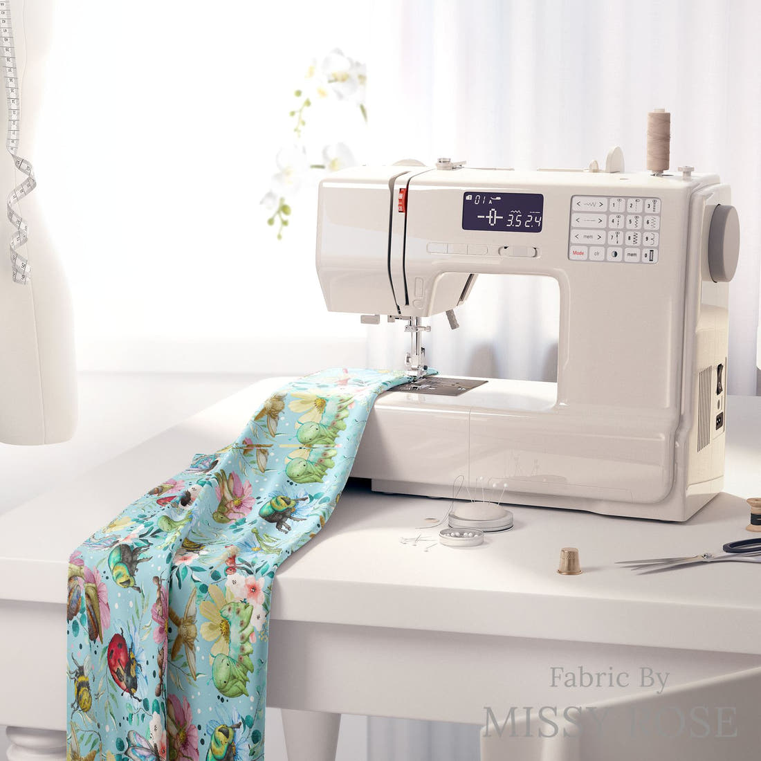 Design 21 Blue Insects Fabric on a sewing machine – premium fabric for sewing projects | Fabric by Missy Rose