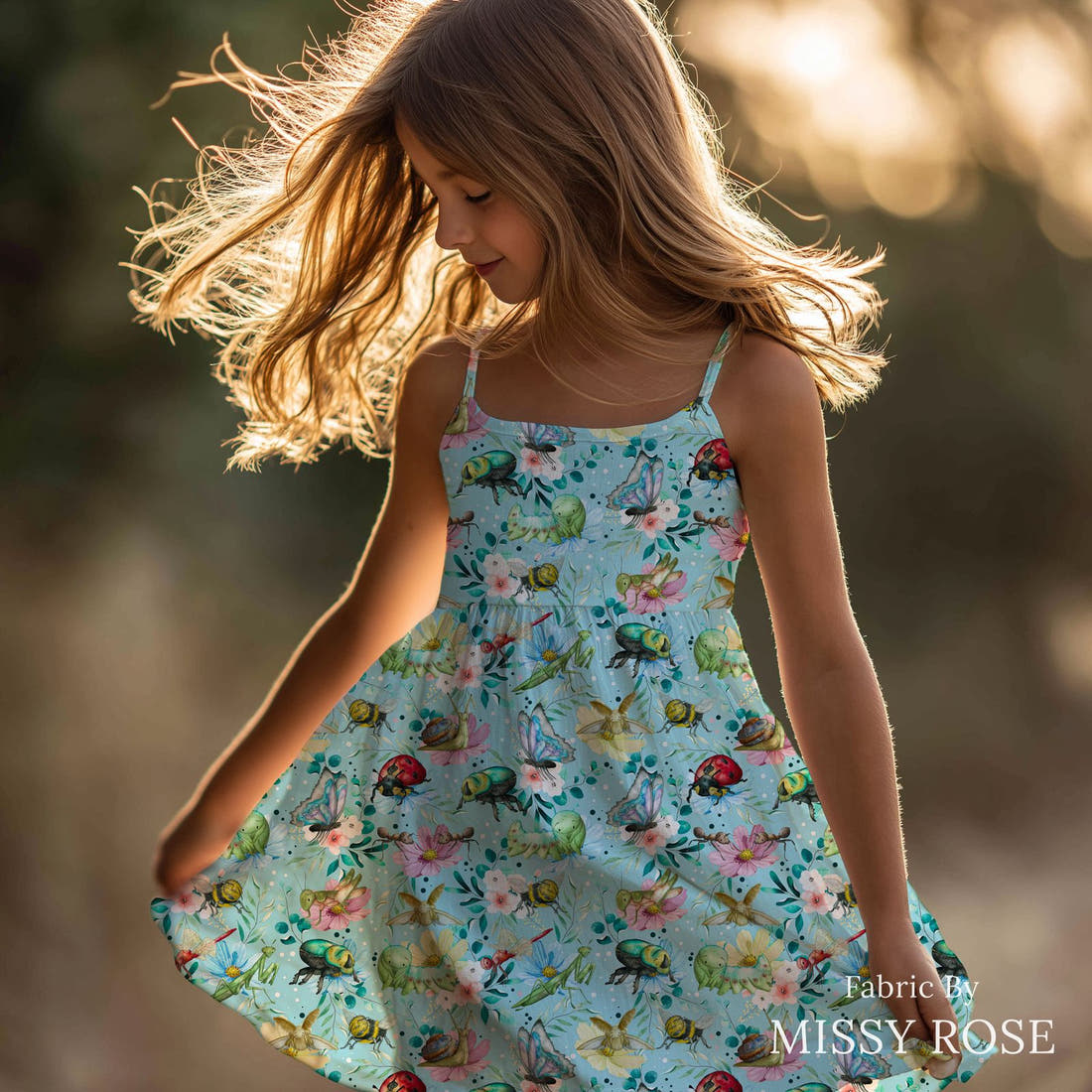 Design 21 Blue Insects Fabric sewn into a girls' dress – see how the print looks made up | Fabric by Missy Rose