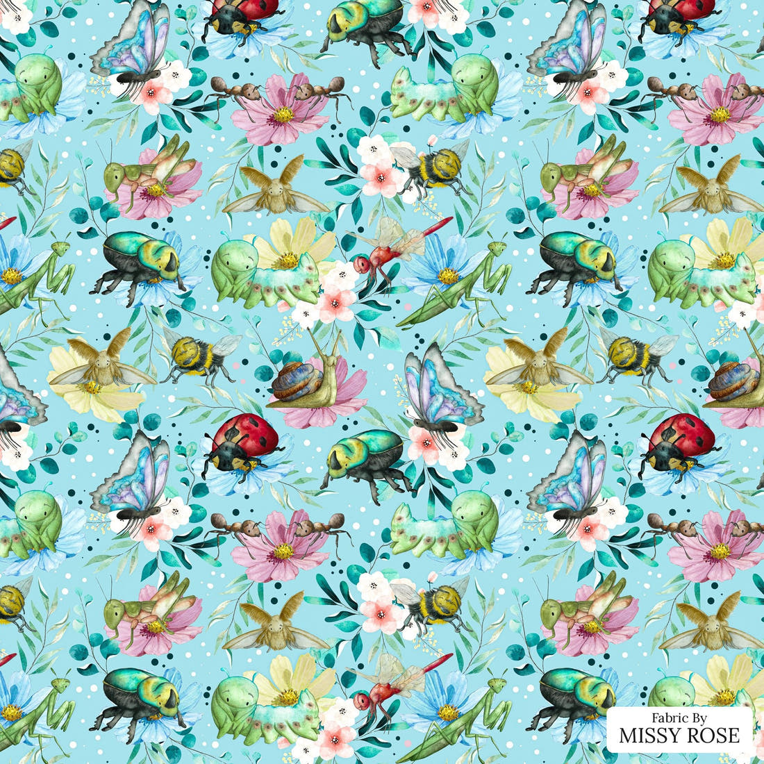 Design 21 Blue Insects Fabric - flat view of the print, zoom in for detail | Fabric by Missy Rose