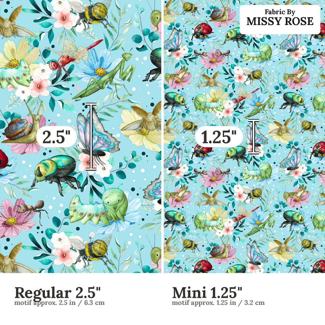 Design 21 Blue Insects Fabric size comparison - print scale | Fabric by Missy Rose