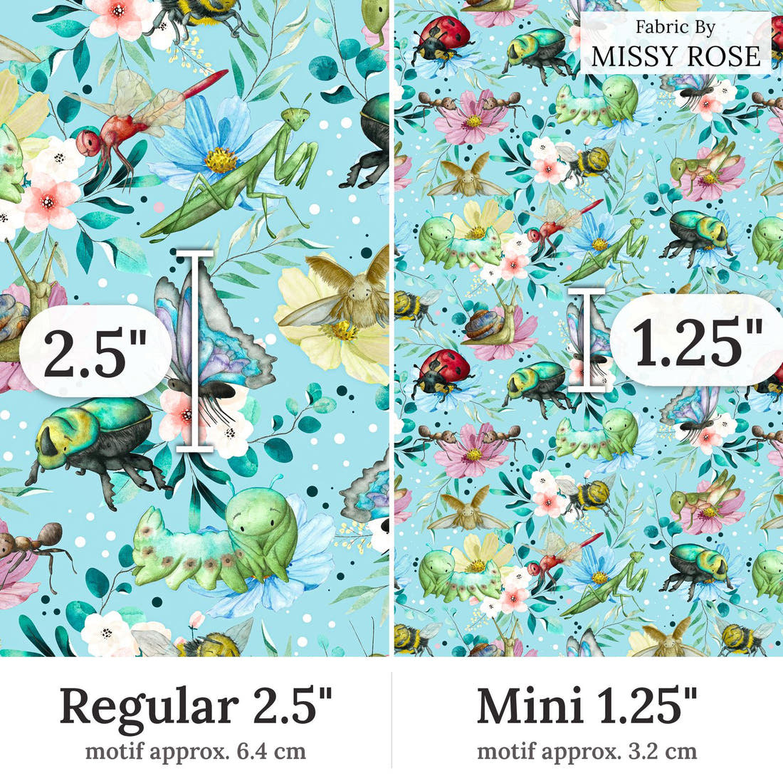 Design 21 Blue Insects Fabric Regular 2.5 inch vs Mini 1.25 inch print scale side by side | Fabric by Missy Rose