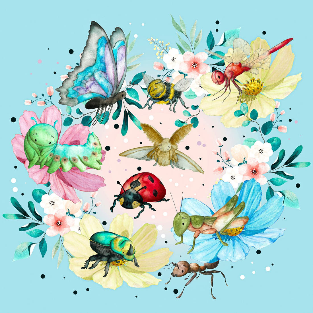 Design 21 Blue Insects Panel – full artwork close-up of the printed picture | Fabric by Missy Rose