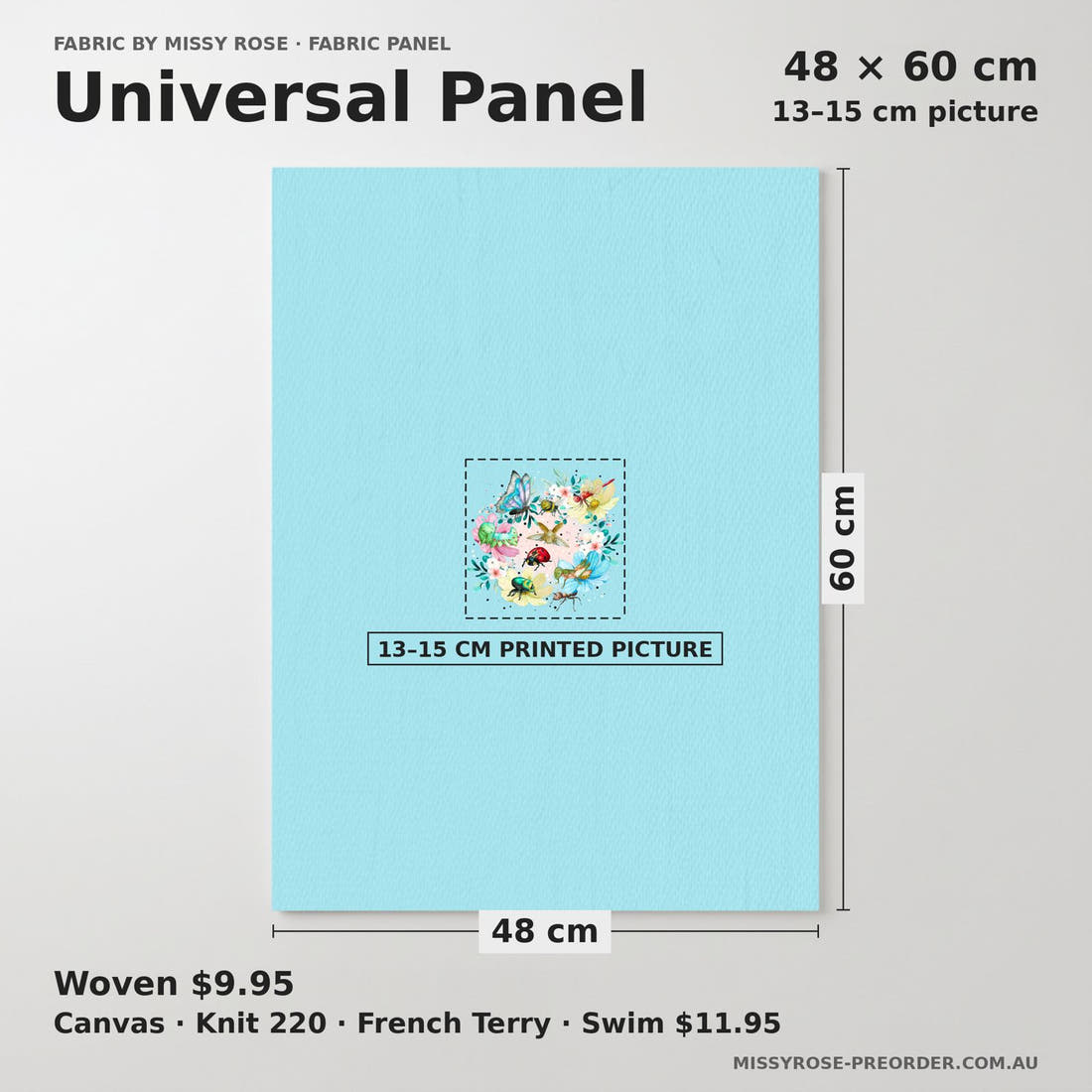 Design 21 Blue Insects Panel universal panel sizing – 13–15 cm printed picture on 48 × 60 cm fabric | Fabric by Missy Rose