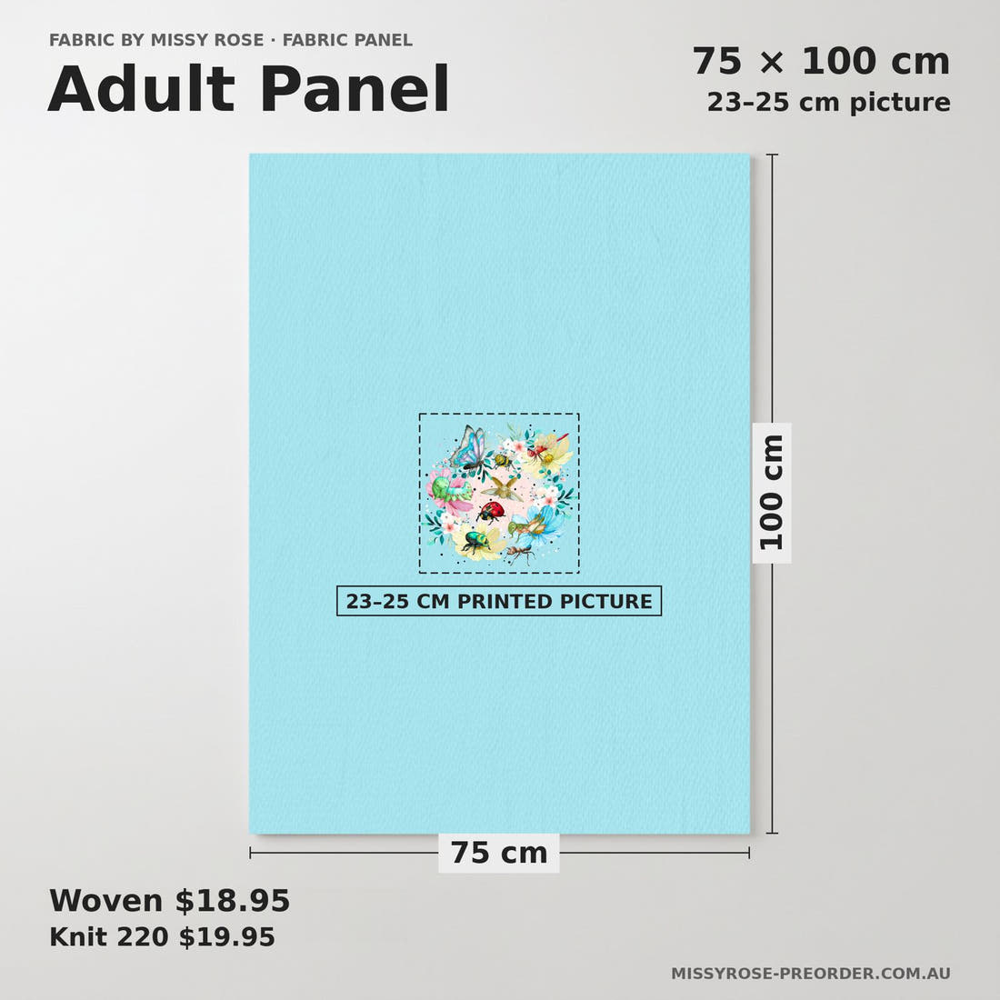 Design 21 Blue Insects Panel adult panel sizing – 23–25 cm printed picture on 75 × 100 cm fabric | Fabric by Missy Rose