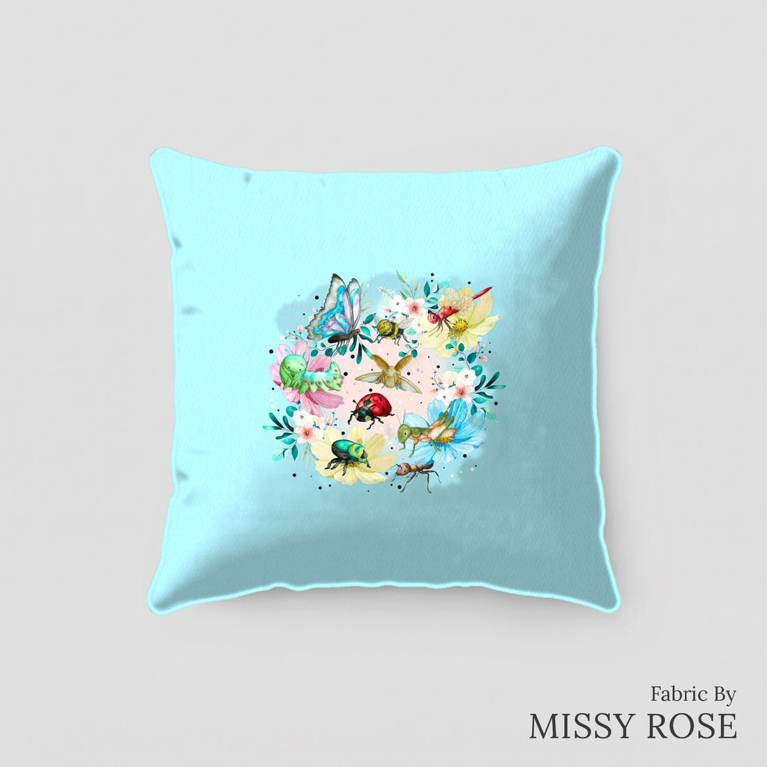 Design 21 Blue Insects Panel sewn into a cushion – see how the panel looks made up | Fabric by Missy Rose