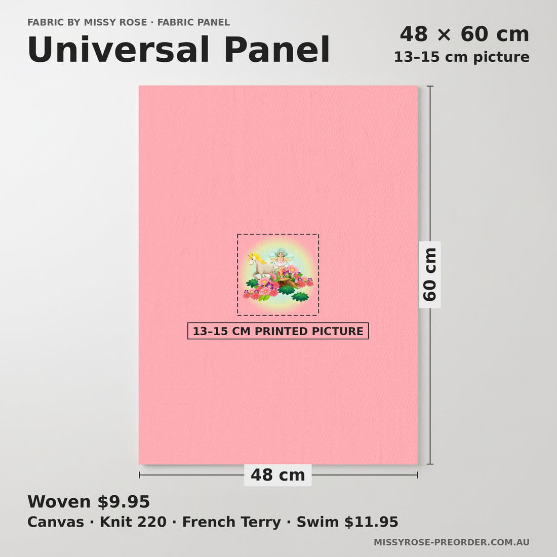 Design 210 Unicorn Fairy Panel universal panel sizing – 13–15 cm printed picture on 48 × 60 cm fabric | Fabric by Missy Rose
