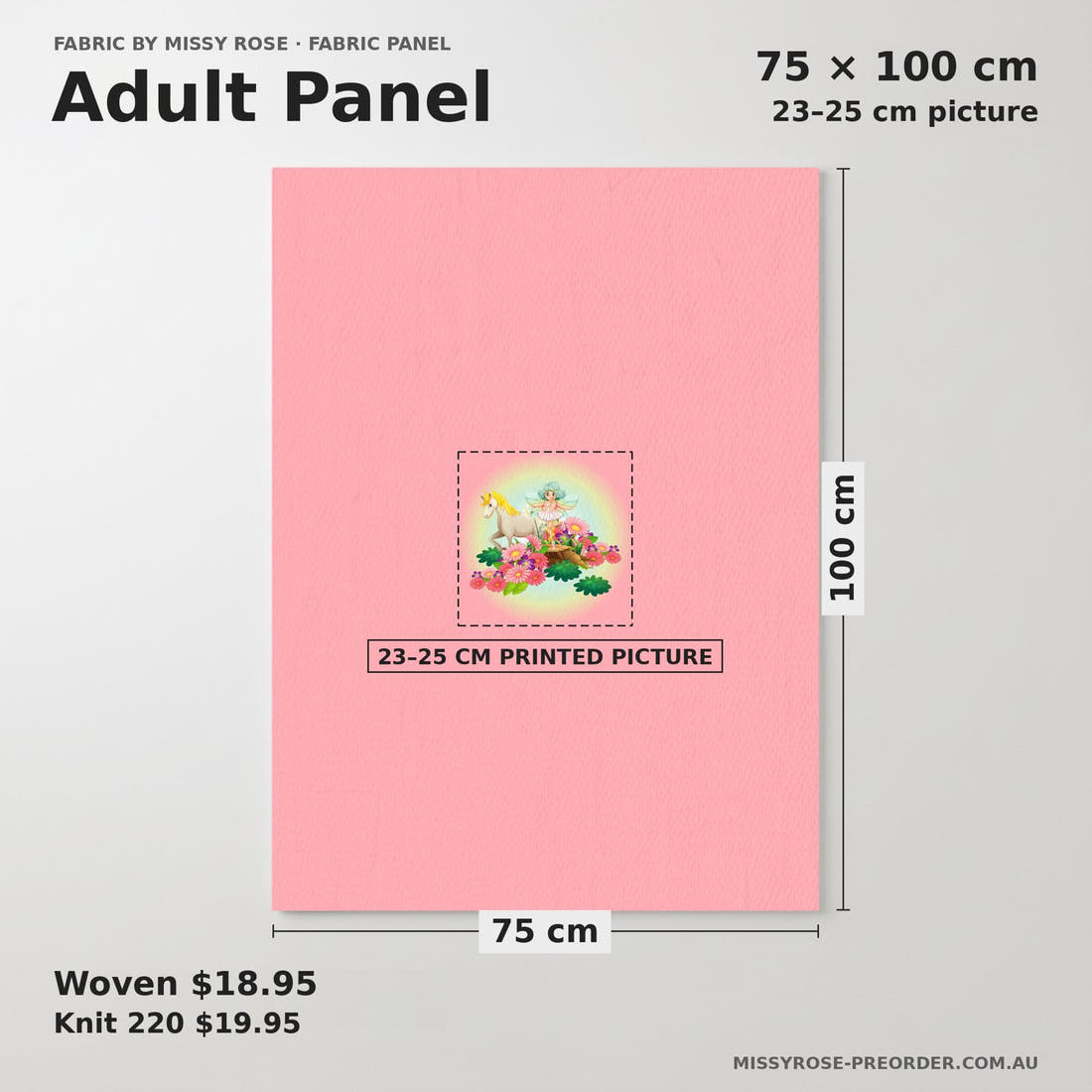 Design 210 Unicorn Fairy Panel adult panel sizing – 23–25 cm printed picture on 75 × 100 cm fabric | Fabric by Missy Rose