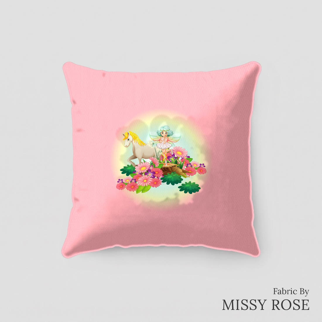 Design 210 Unicorn Fairy Panel sewn into a cushion – see how the panel looks made up | Fabric by Missy Rose