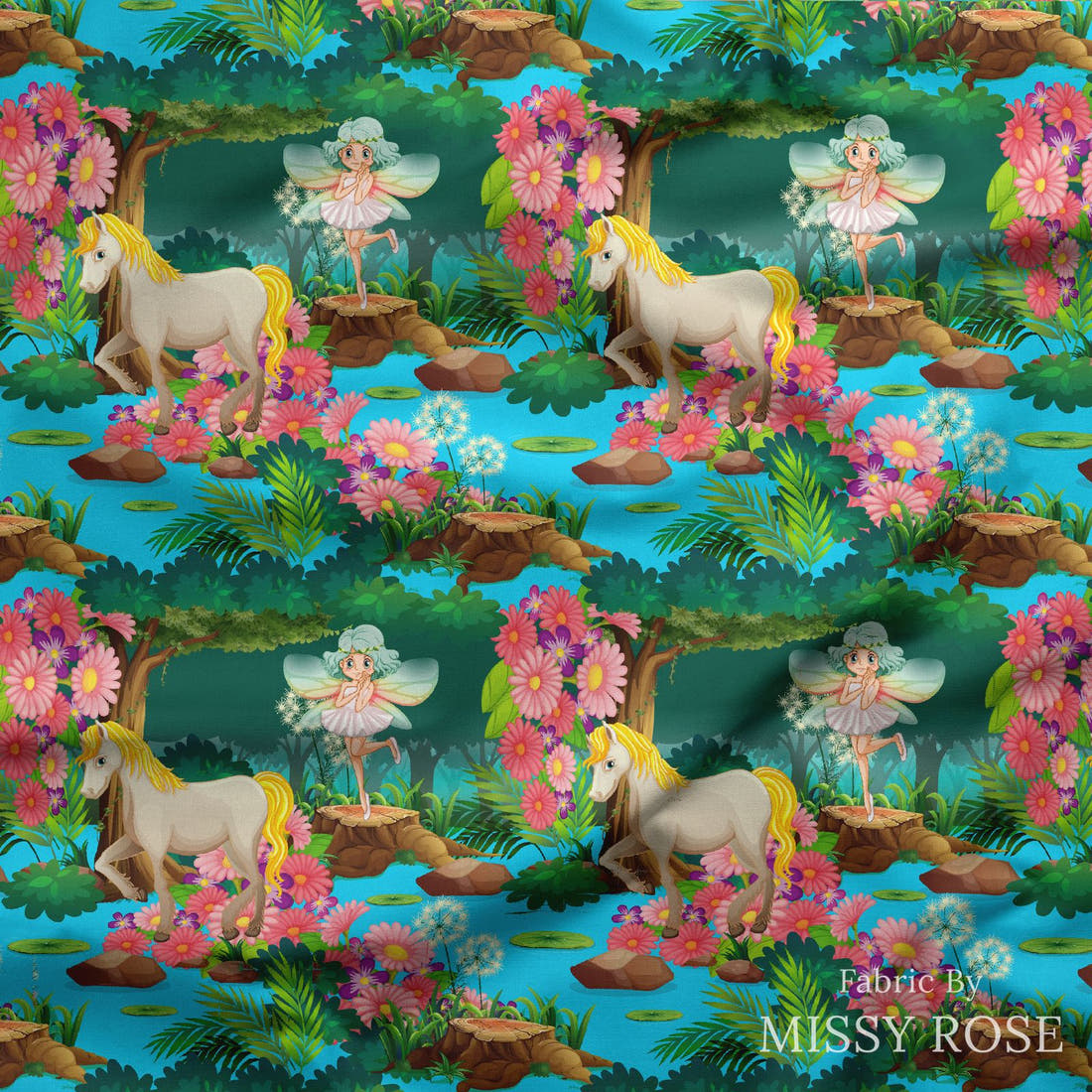 Design 210 Unicorn Fairy Fabric draped fabric mockup – custom printed fabric by the metre | Fabric by Missy Rose