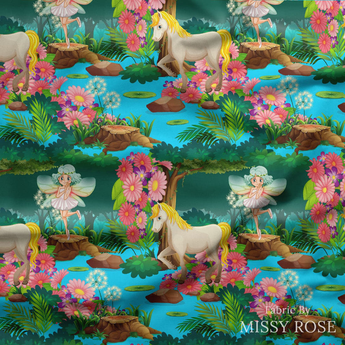 Design 210 Unicorn Fairy Fabric draped fabric mockup – custom printed fabric by the metre | Fabric by Missy Rose