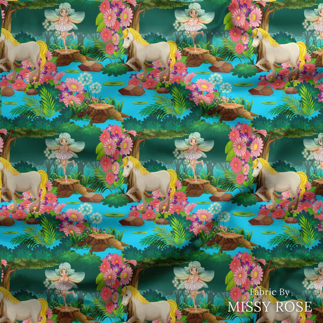 Design 210 Unicorn Fairy Fabric draped fabric mockup – custom printed fabric by the metre | Fabric by Missy Rose