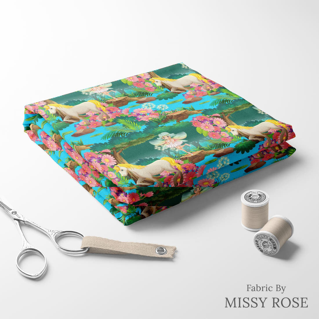 Design 210 Unicorn Fairy Fabric folded fabric stack with matching thread – pre-order fabric Australia | Fabric by Missy Rose