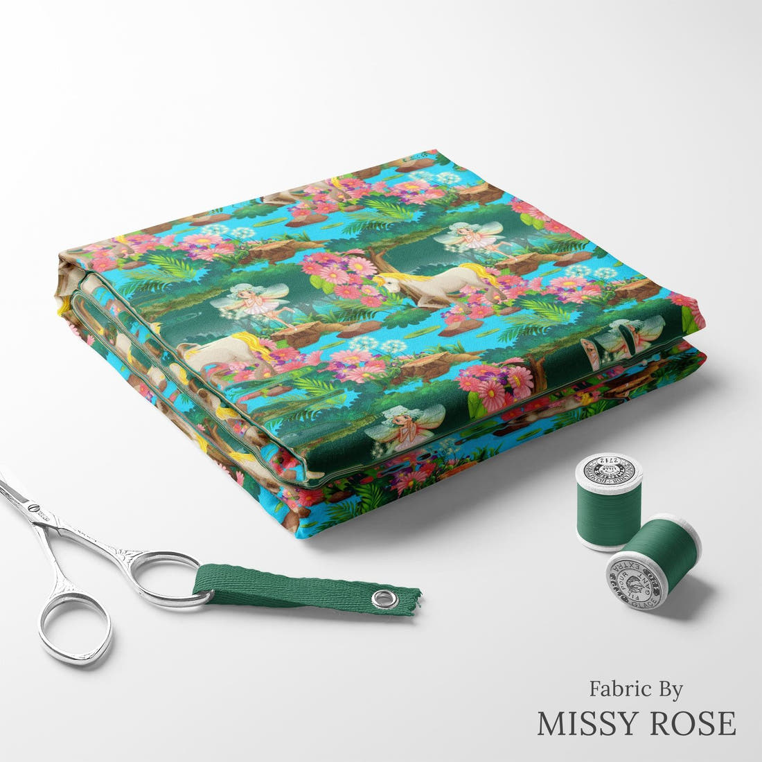 Design 210 Unicorn Fairy Fabric folded fabric stack with matching thread – pre-order fabric Australia | Fabric by Missy Rose