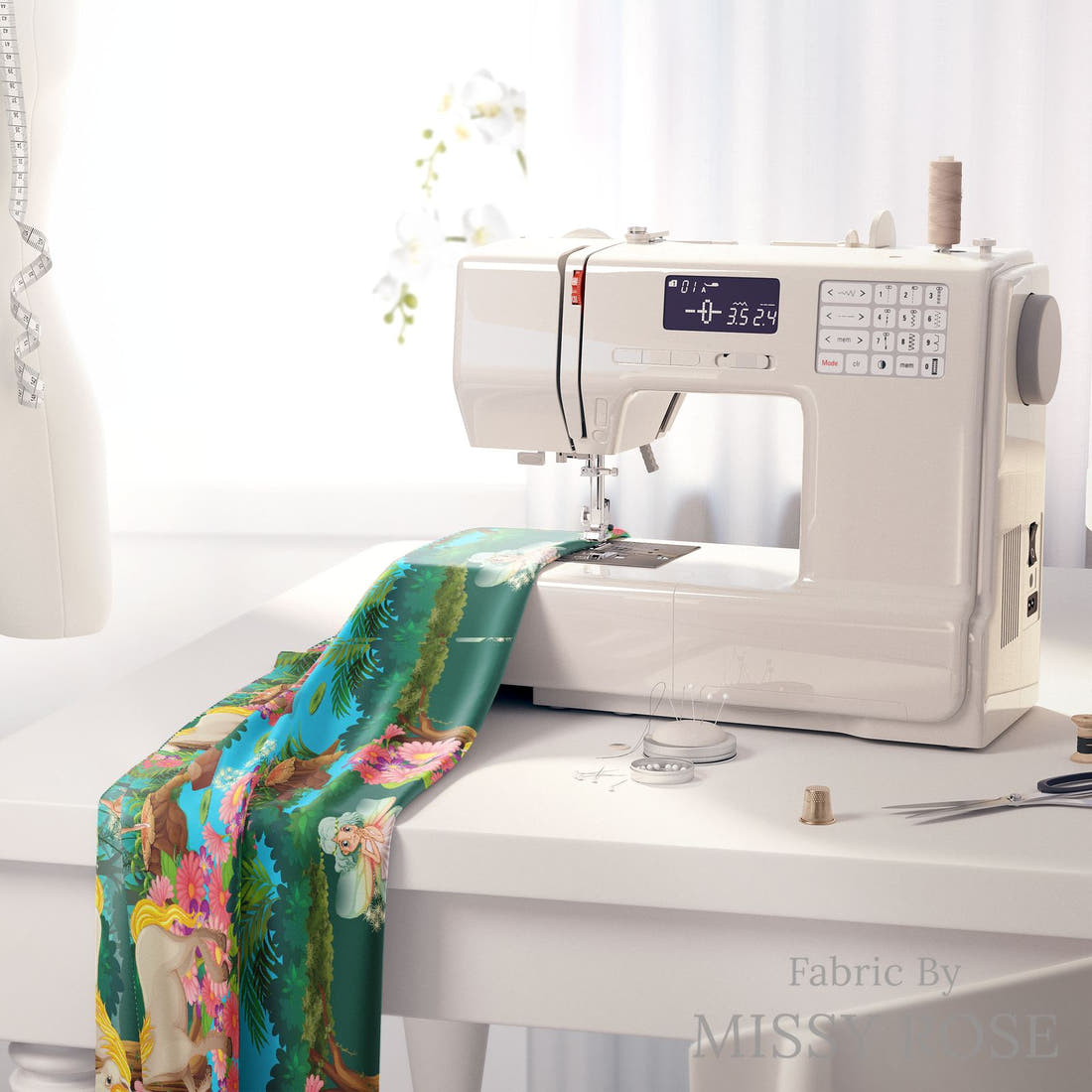 Design 210 Unicorn Fairy Fabric on a sewing machine – premium fabric for sewing projects | Fabric by Missy Rose
