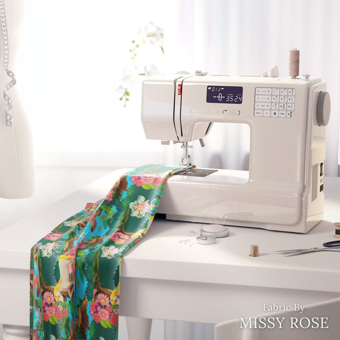 Design 210 Unicorn Fairy Fabric on a sewing machine – premium fabric for sewing projects | Fabric by Missy Rose