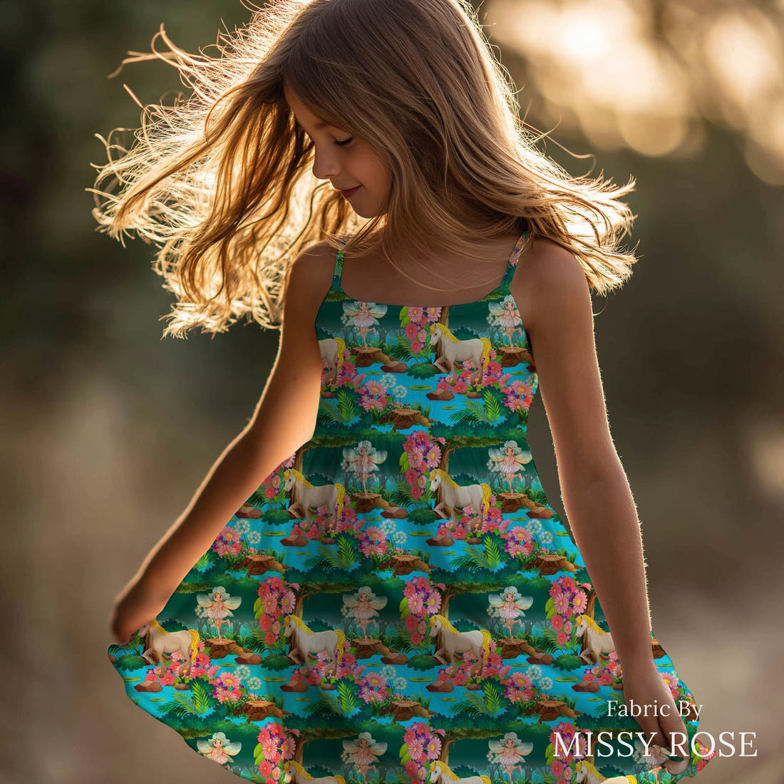 Design 210 Unicorn Fairy Fabric sewn into a girls' dress – see how the print looks made up | Fabric by Missy Rose