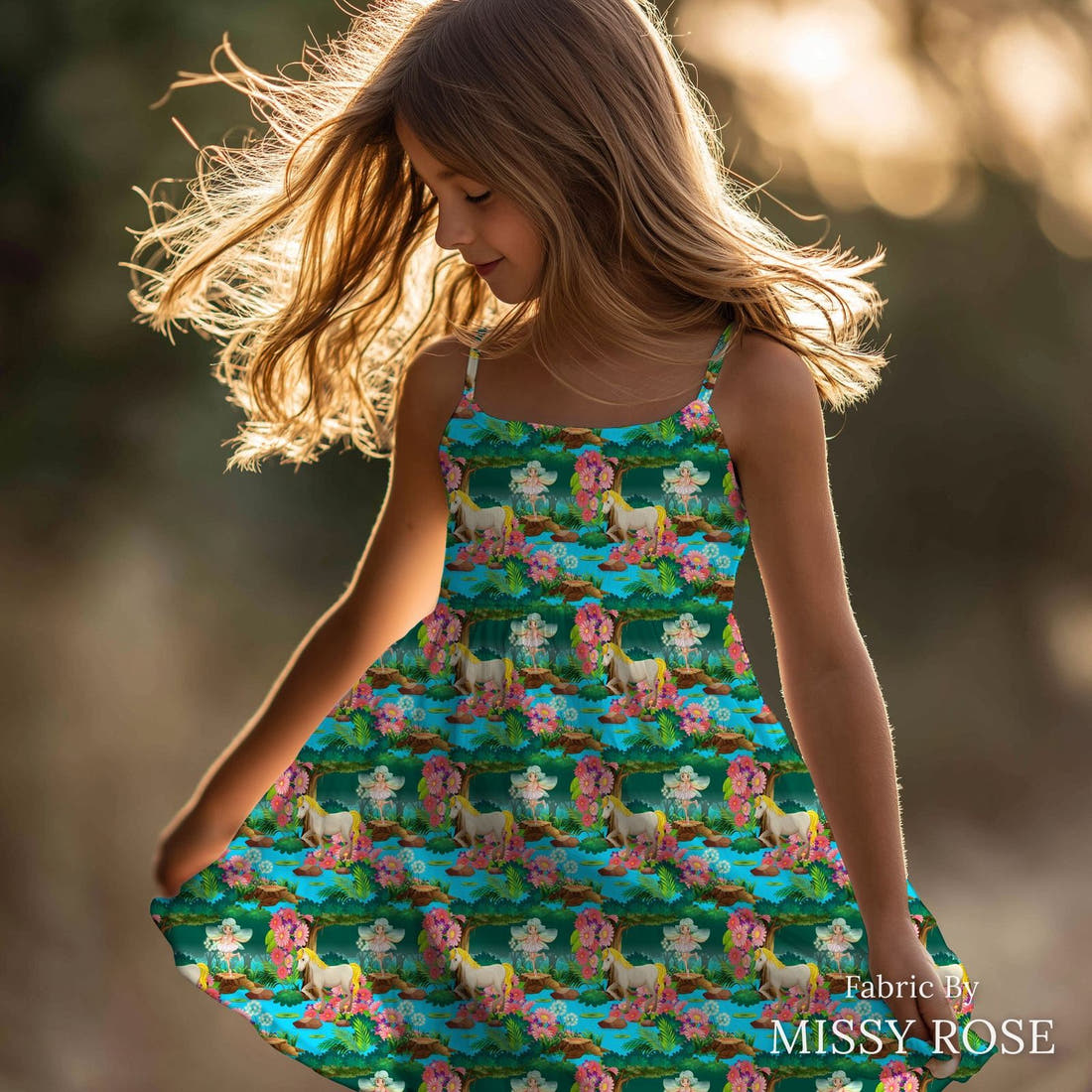 Design 210 Unicorn Fairy Fabric sewn into a girls' dress – see how the print looks made up | Fabric by Missy Rose