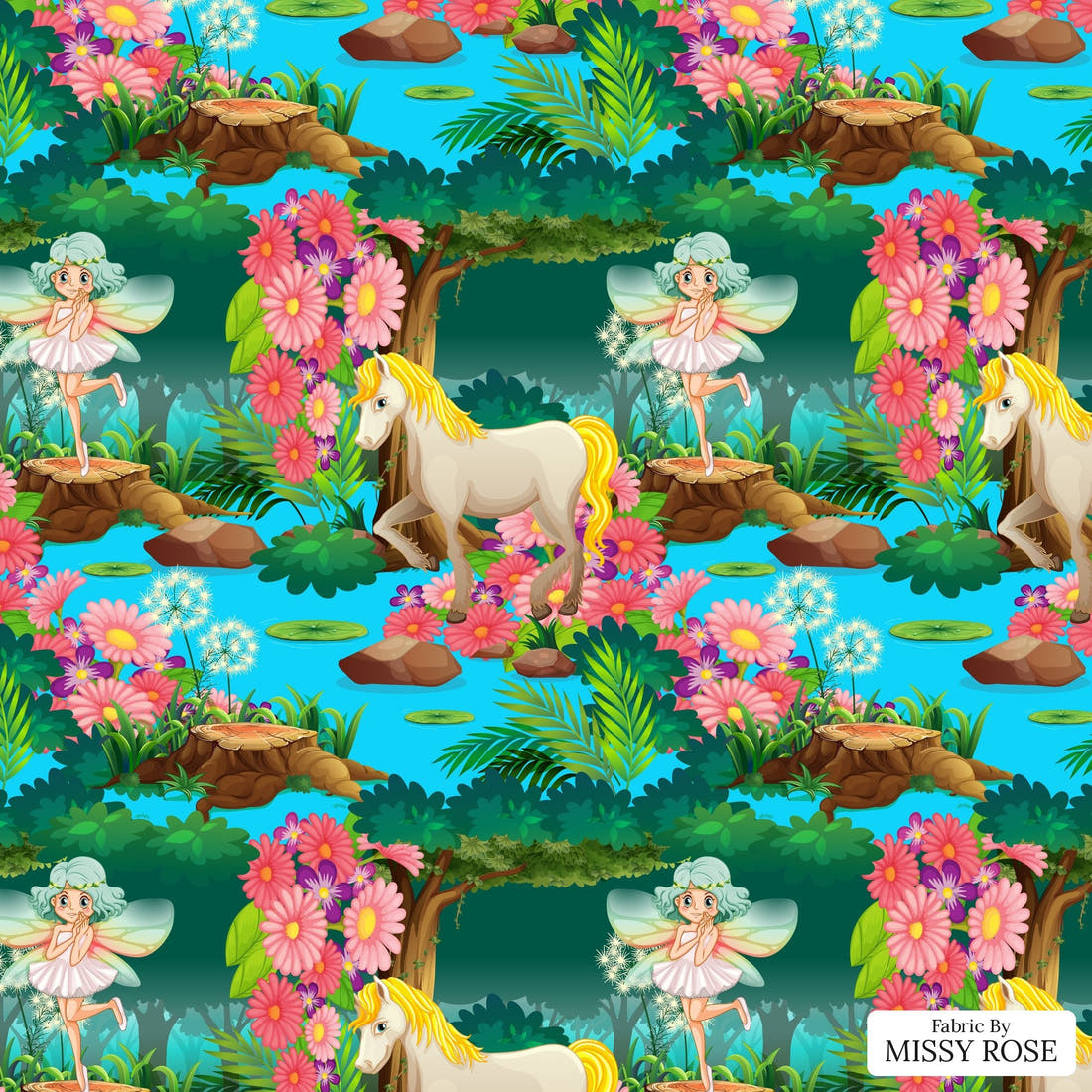 Design 210 Unicorn Fairy Fabric - flat view of the print, zoom in for detail | Fabric by Missy Rose