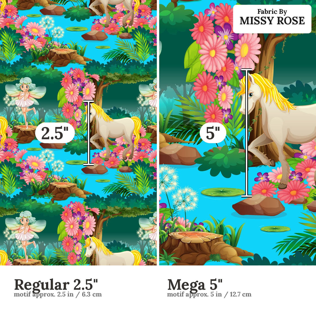 Design 210 Unicorn Fairy Fabric size comparison - print scale | Fabric by Missy Rose