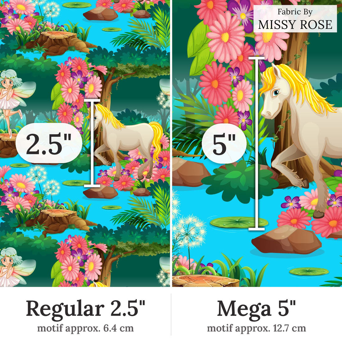 Design 210 Unicorn Fairy Fabric Regular 2.5 inch vs Mega 5 inch print scale side by side | Fabric by Missy Rose
