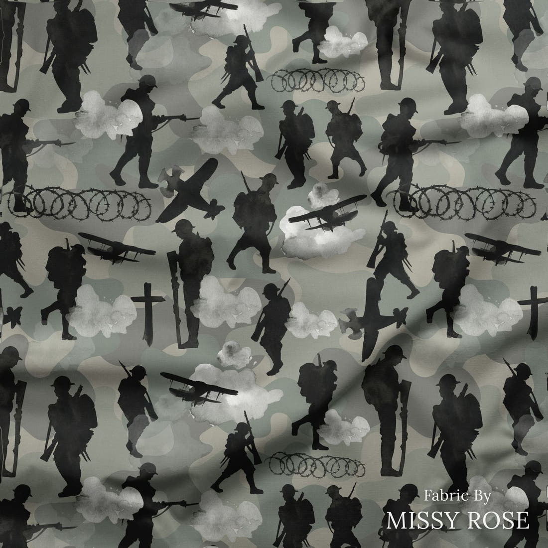 Design 211 Lest We Forget Fabric draped fabric mockup – custom printed fabric by the metre | Fabric by Missy Rose