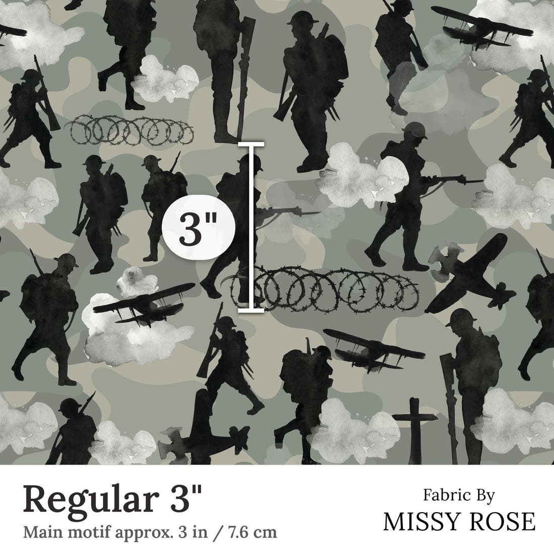 Design 211 Lest We Forget Fabric Regular 3 inch print scale guide | Fabric by Missy Rose