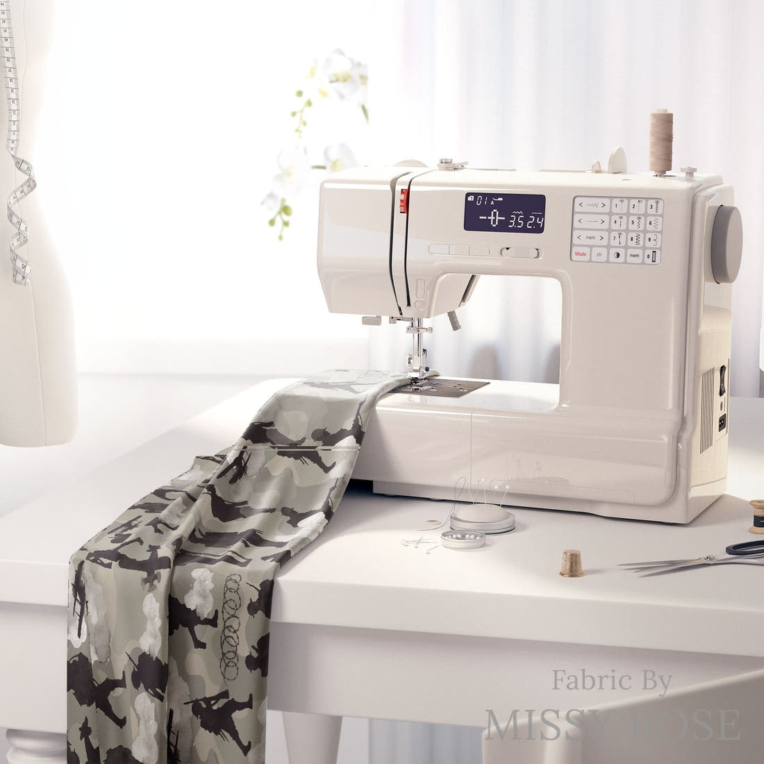 Design 211 Lest We Forget Fabric on a sewing machine – premium fabric for sewing projects | Fabric by Missy Rose