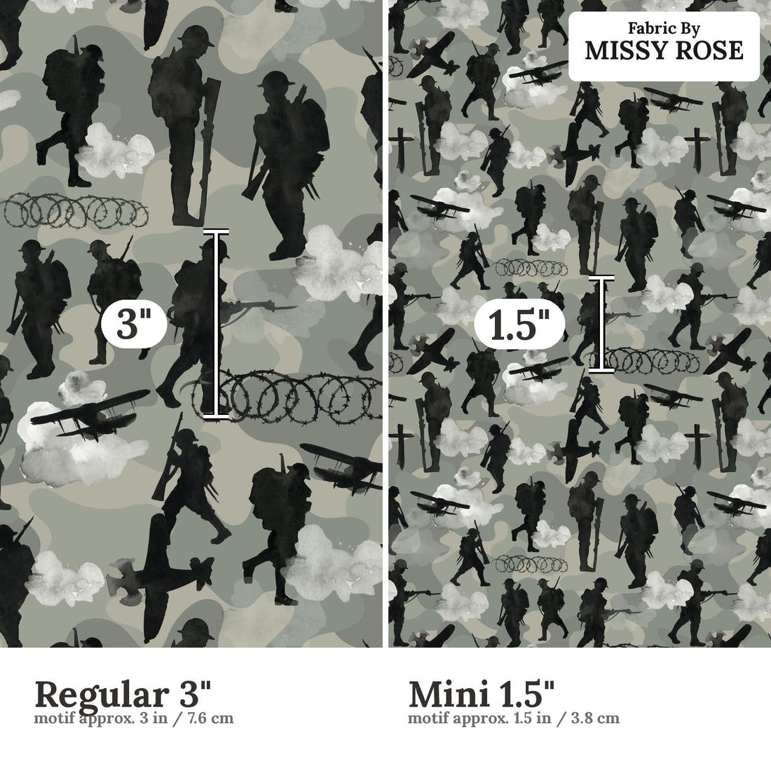 Design 211 Lest We Forget Fabric size comparison - print scale | Fabric by Missy Rose