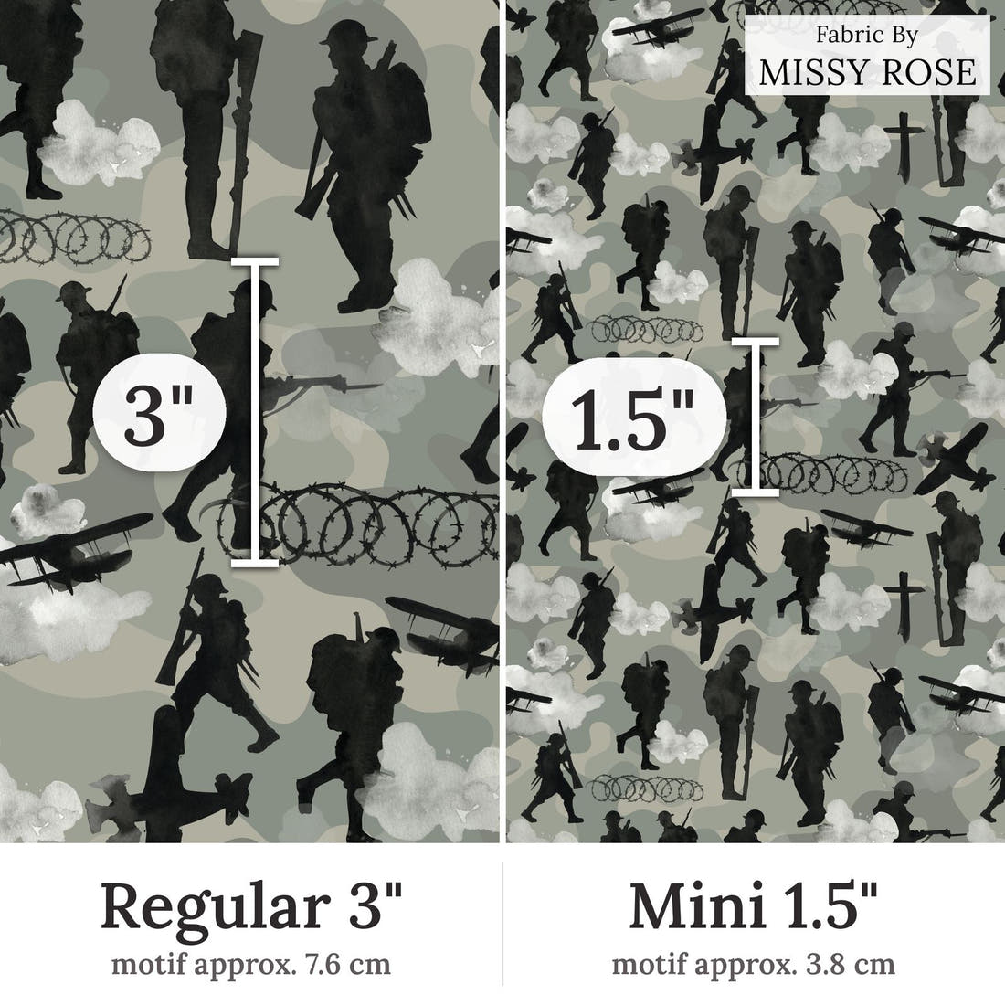 Design 211 Lest We Forget Fabric Regular 3 inch vs Mini 1.5 inch print scale side by side | Fabric by Missy Rose