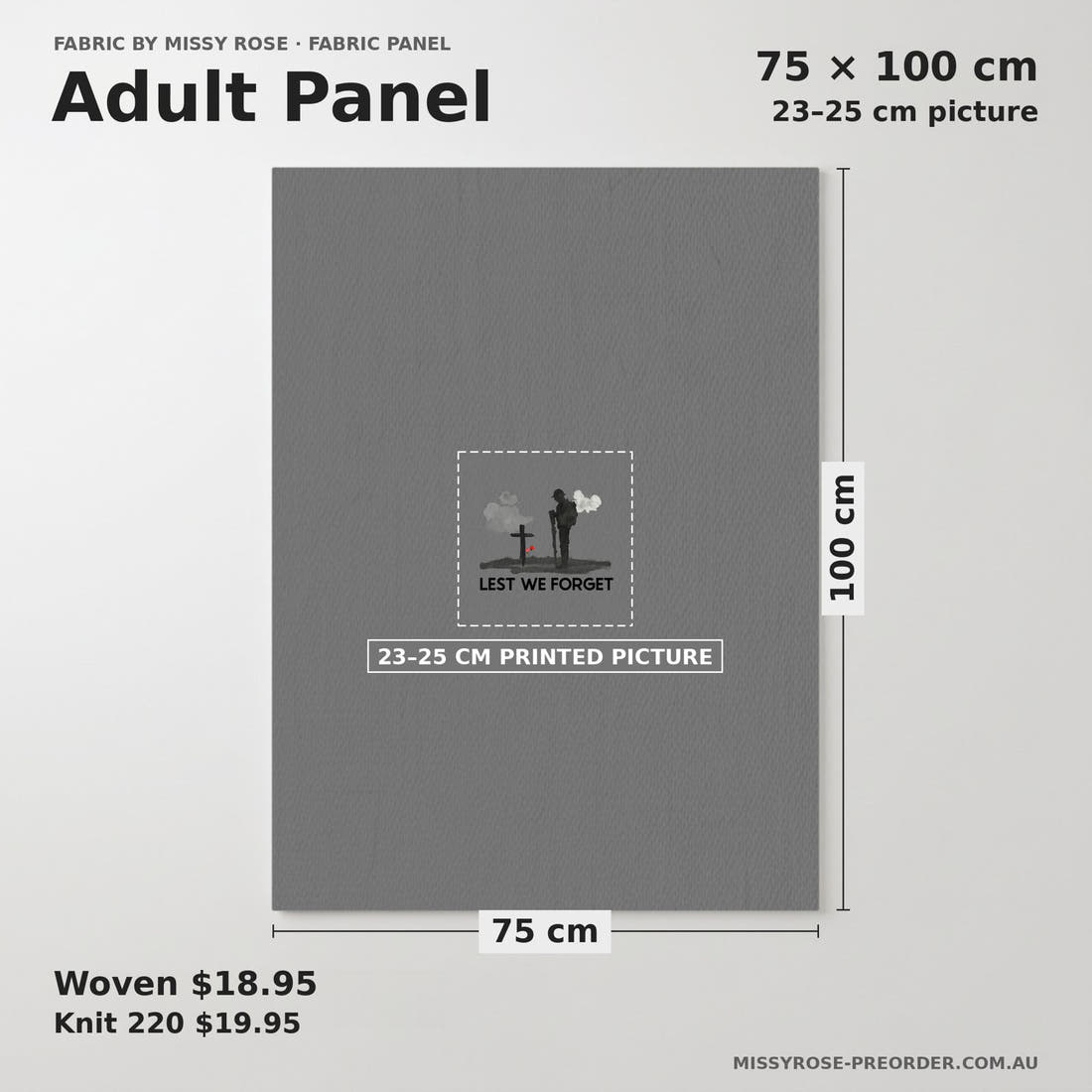 Design 211 Lest We Forget Panel adult panel sizing – 23–25 cm printed picture on 75 × 100 cm fabric | Fabric by Missy Rose