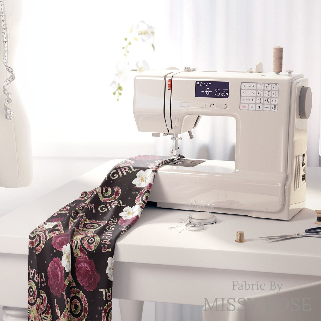 Design 212 Farm Girl Fabric on a sewing machine – premium fabric for sewing projects | Fabric by Missy Rose