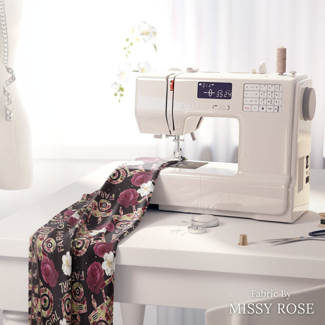 Design 212 Farm Girl Fabric on a sewing machine – premium fabric for sewing projects | Fabric by Missy Rose