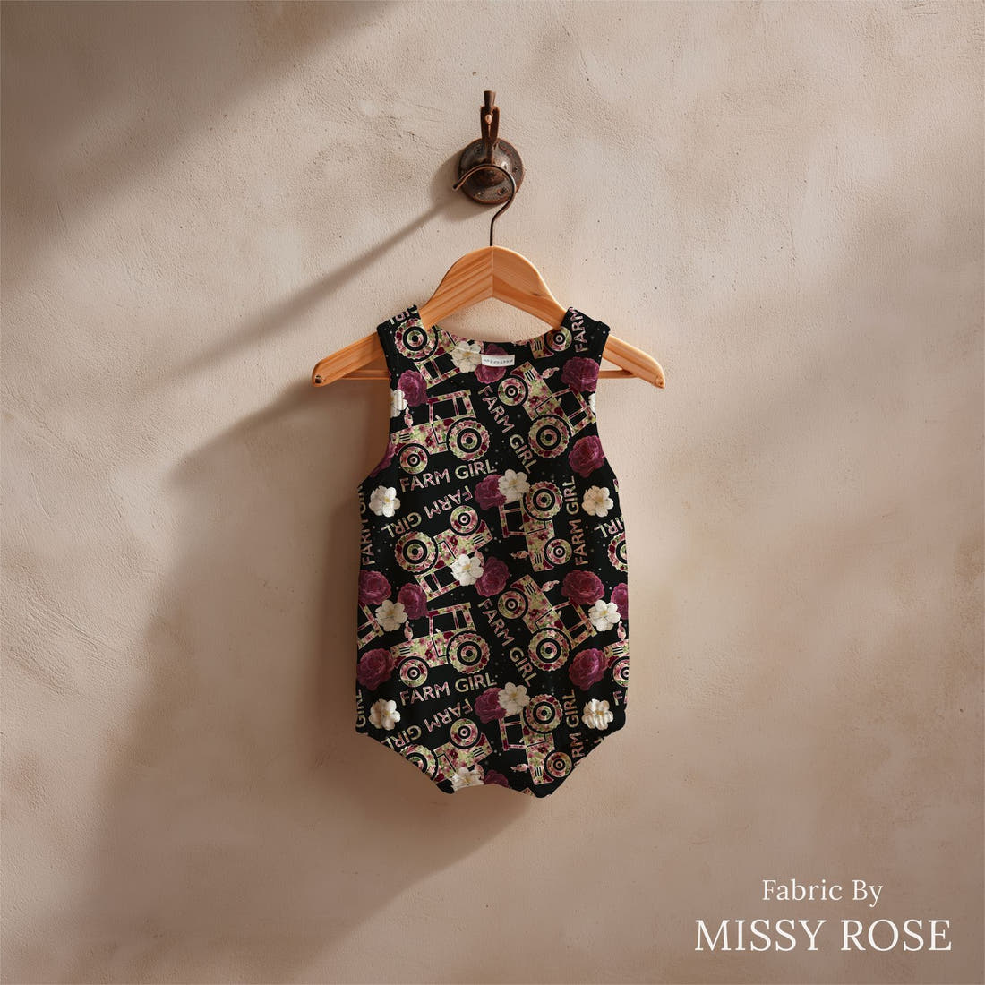 Design 212 Farm Girl Fabric sewn into a baby romper – see how the print looks made up | Fabric by Missy Rose