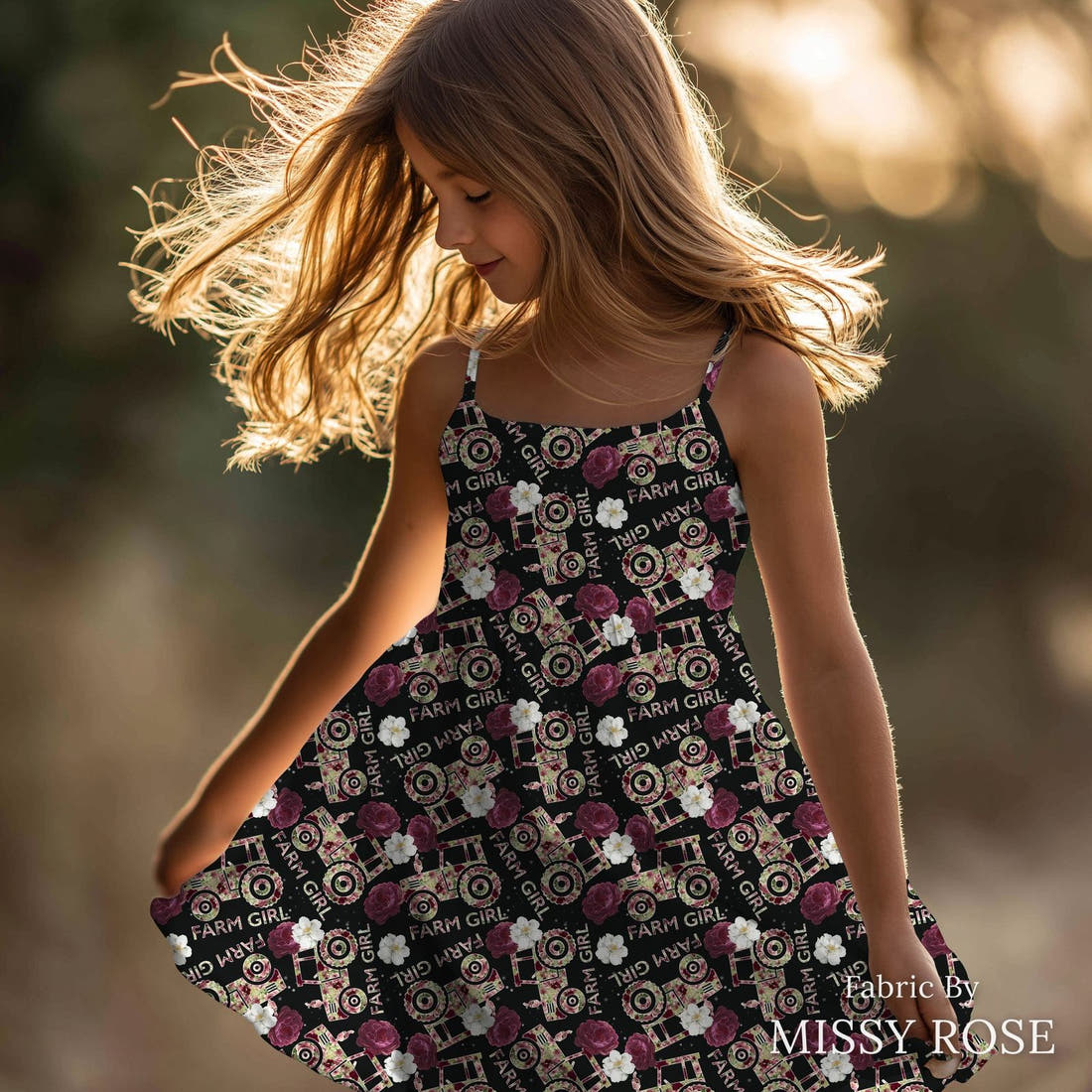 Design 212 Farm Girl Fabric sewn into a girls' dress – see how the print looks made up | Fabric by Missy Rose