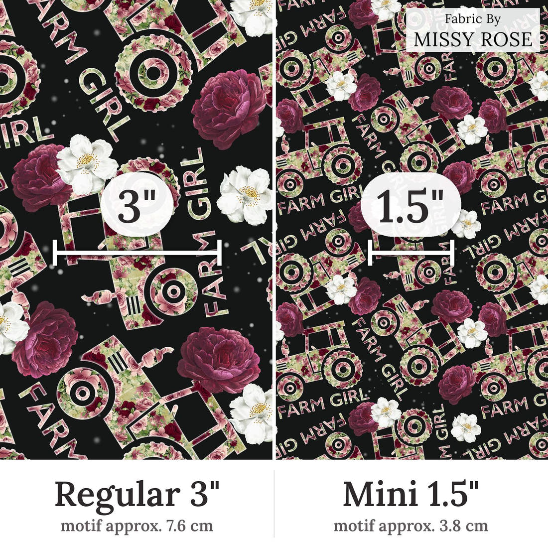Design 212 Farm Girl Fabric Regular 3 inch vs Mini 1.5 inch print scale side by side | Fabric by Missy Rose