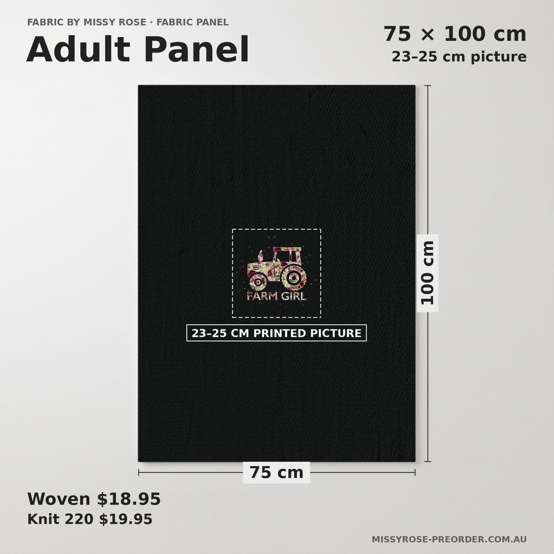 Design 212 Farm Girl Panel adult panel sizing – 23–25 cm printed picture on 75 × 100 cm fabric | Fabric by Missy Rose
