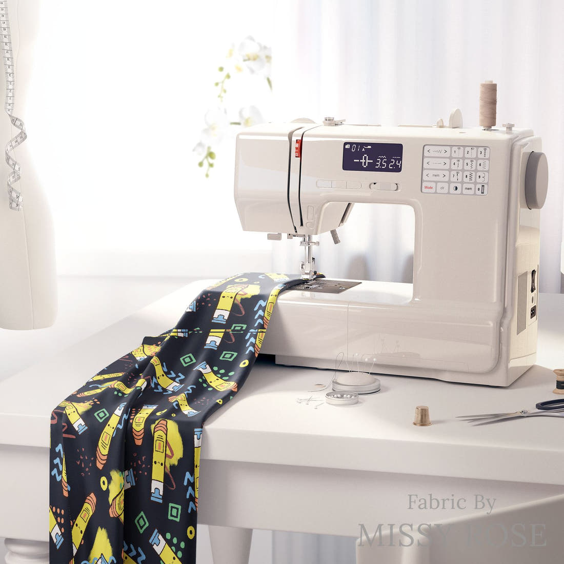 Design 213 Navy Epi Pen Fabric on a sewing machine – premium fabric for sewing projects | Fabric by Missy Rose