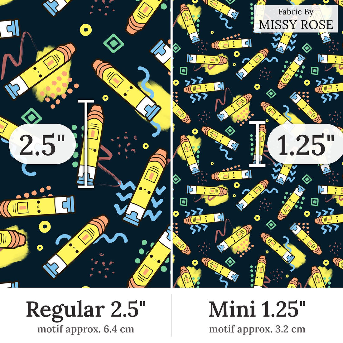 Design 213 Navy Epi Pen Fabric Regular 2.5 inch vs Mini 1.25 inch print scale side by side | Fabric by Missy Rose