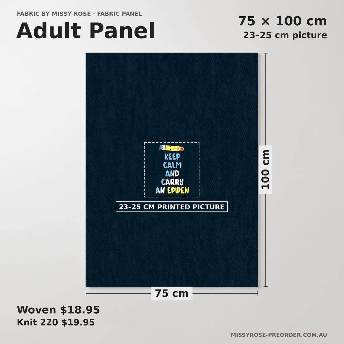 Design 213 Navy Epi Pen Panel adult panel sizing – 23–25 cm printed picture on 75 × 100 cm fabric | Fabric by Missy Rose