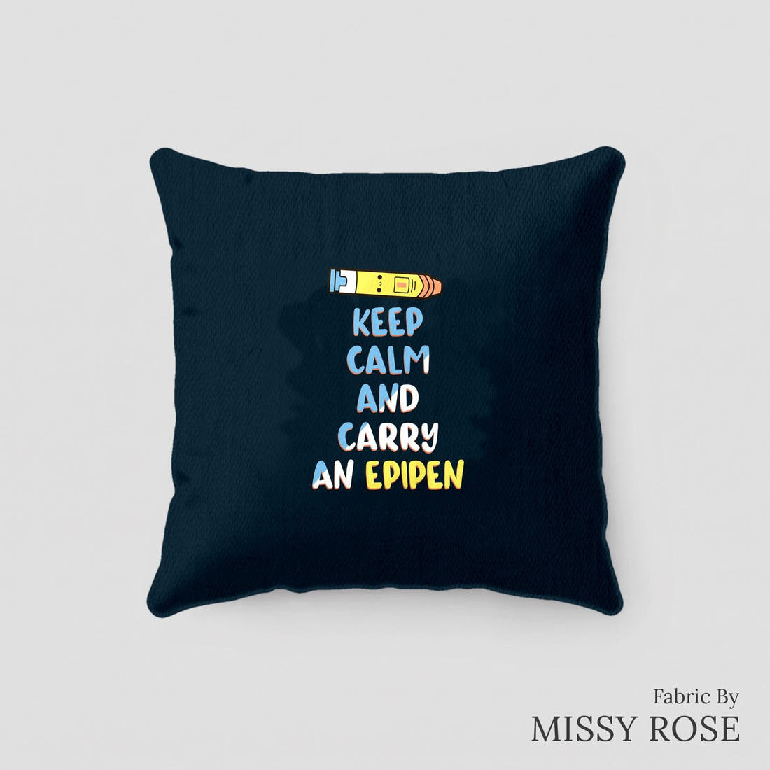 Design 213 Navy Epi Pen Panel sewn into a cushion – see how the panel looks made up | Fabric by Missy Rose