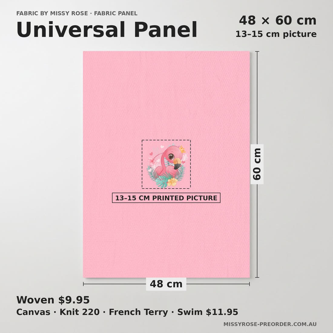 Design 214 Pink Flamingo Panel universal panel sizing – 13–15 cm printed picture on 48 × 60 cm fabric | Fabric by Missy Rose