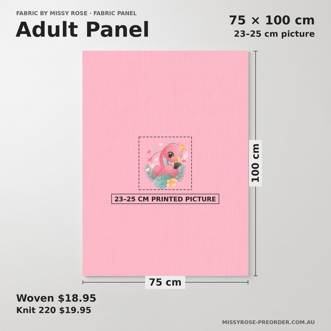 Design 214 Pink Flamingo Panel adult panel sizing – 23–25 cm printed picture on 75 × 100 cm fabric | Fabric by Missy Rose